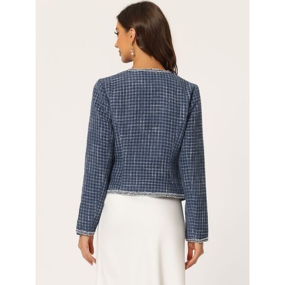 Plaid Tweed Blazer Long Sleeve Open Front Workwear Short Jacket Dark Blue - Picture 4 of 6